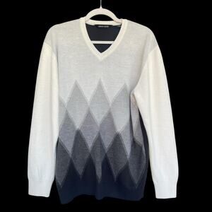 Pierre Cardin Sweater Mens Large White Gray Black Argyle V Neck Pullover Acrylic